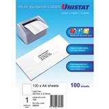UNISTAT 38939 MULTIPURPOSE LABEL 1UP 297 X 210MM WHITE PACK 100