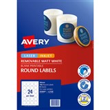 AVERY 910007 L7129 REMOVABLE BLANK LABELS ROUND LASERINKJET 24UP MATTE 40MM WHITE PACK 192