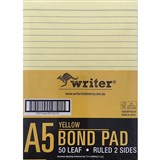 WRITER BOND OFFICE PAD 8MM RULED 70GSM 50 SHEETS A5 YELLOW PACK 5
