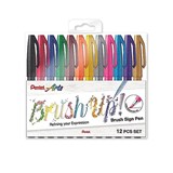 PENTEL ARTS BRUSH SIGN PEN STANDARD ASSORTED COLOUR PACK 12